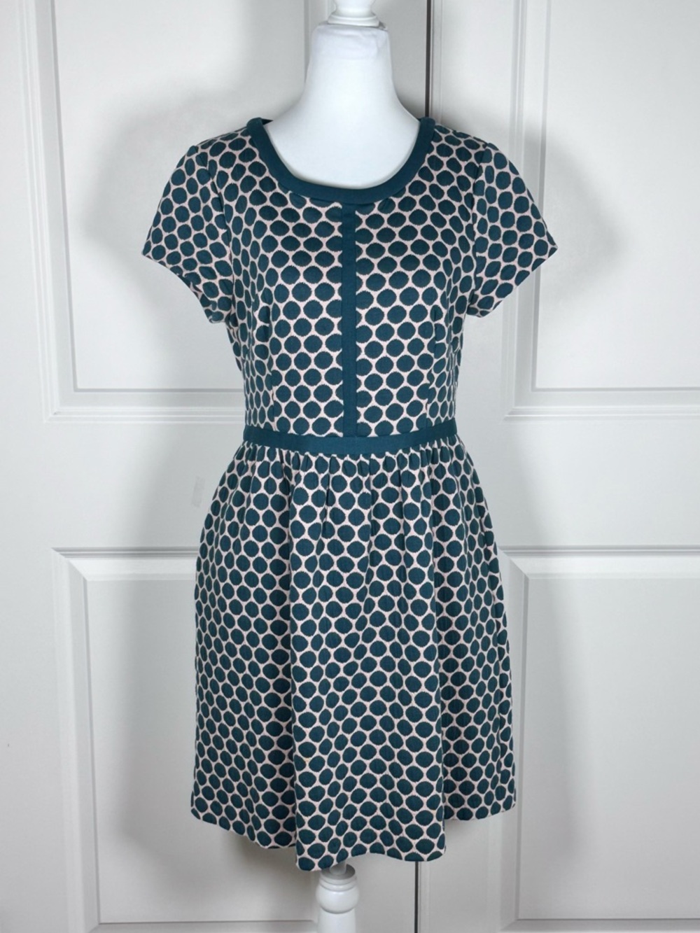 Boden Clementine Jacquard Polka Dot Fit Flare Dress 8P Petite Office Teal Pink
